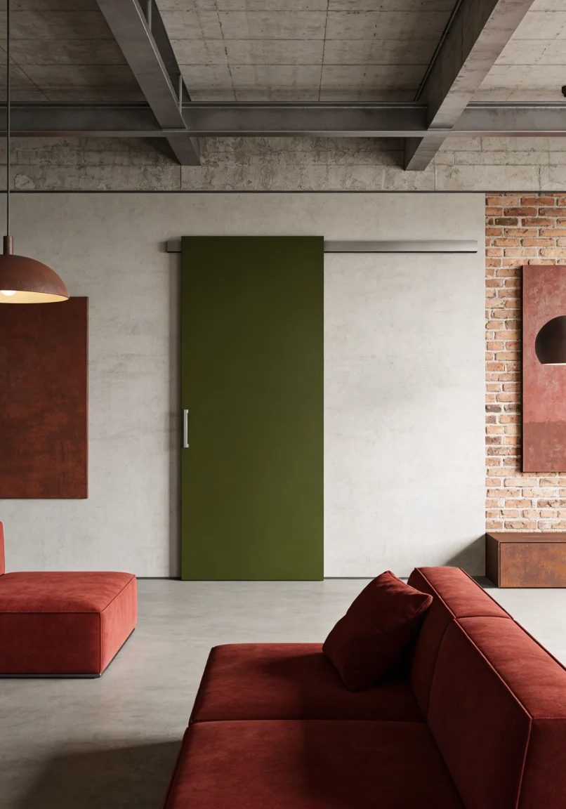Porta Phantos, scorrevole esterno muro Diva Fluid con anta laccata, ambientata in un living stile industry