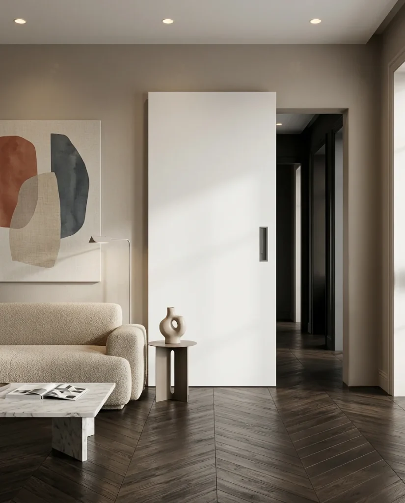 Porta Phantos scorrevole esterno muro Magic con anta laccata, ambientata in un living contemporaneo con note scandinave
