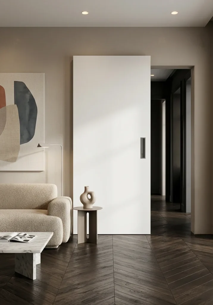 Porta Phantos scorrevole esterno muro Magic con anta laccata, ambientata in un living contemporaneo con note scandinave