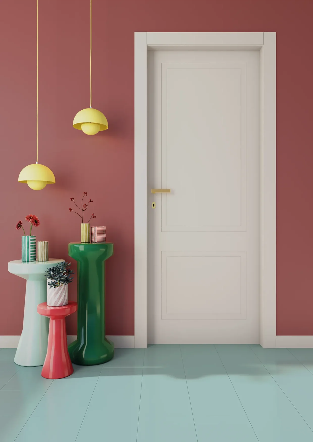 Porta battente Phantos bianca con pantografatura, inserita in parete colorata con tavolini e vasi decorativi