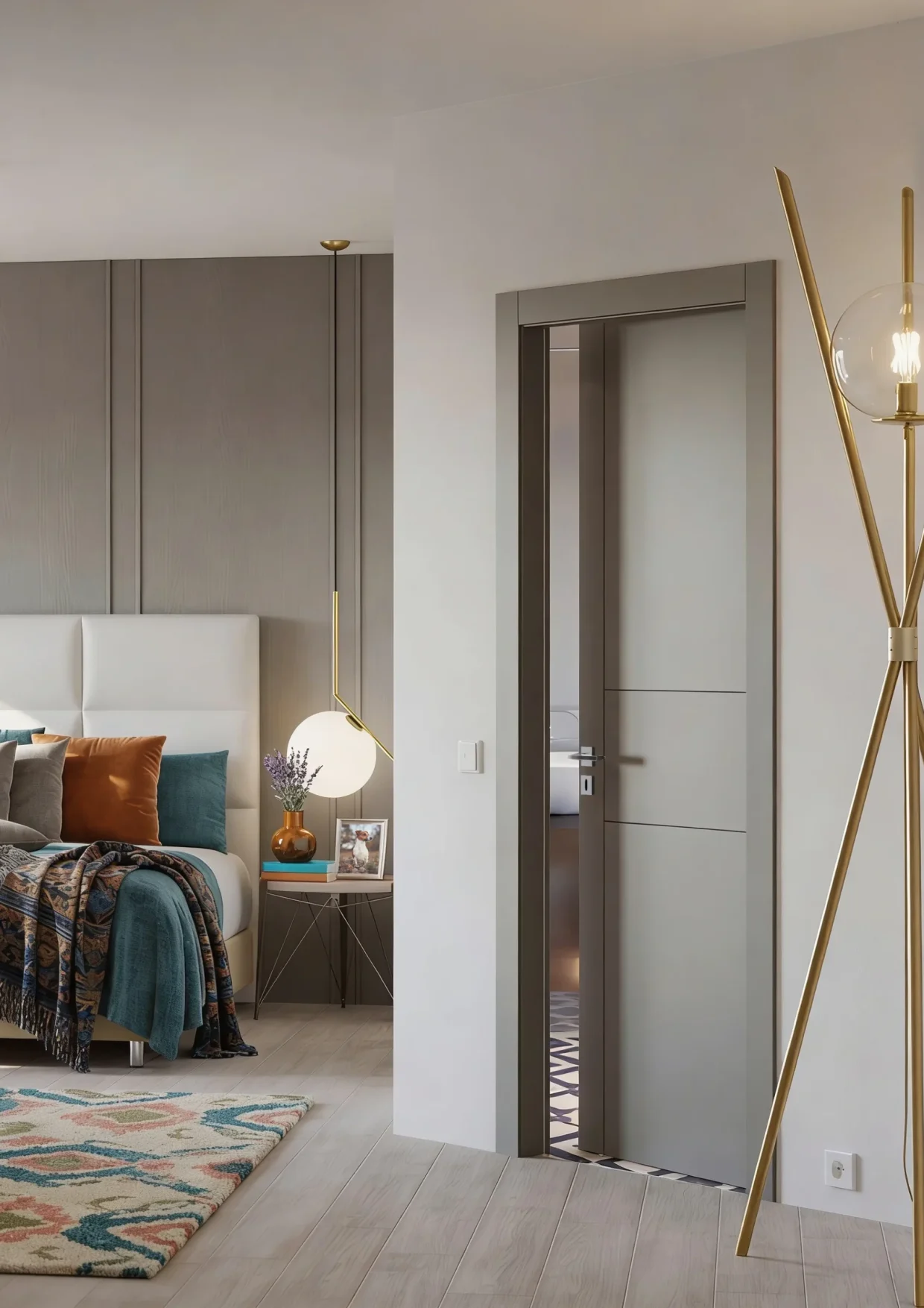 Porta battente Phantos incisione 209, laccato grigio, per bagno in camera da letto matrimoniale