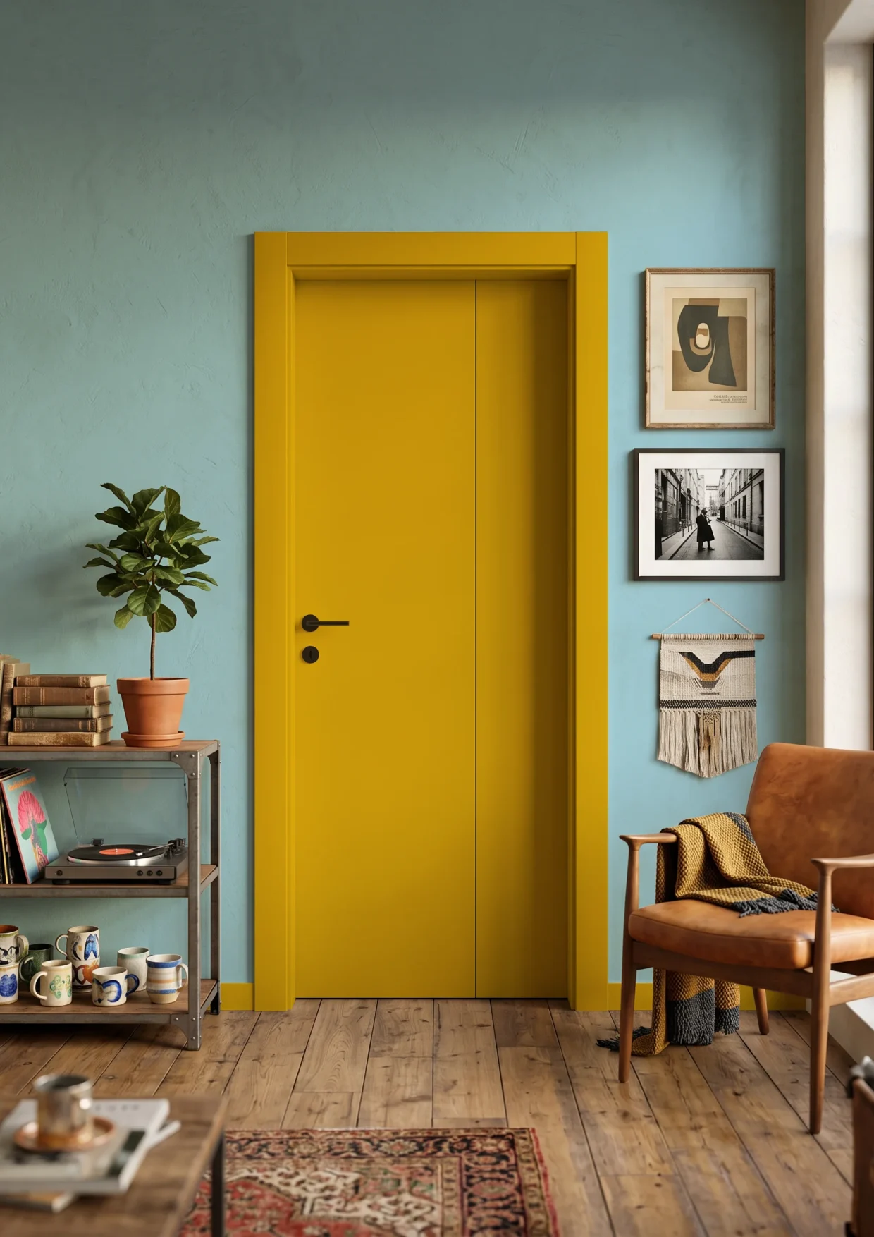 Porta della collezione Phantos, colore giallo, pieghevole asimmetrica inserita all'interno di una stanza con pareti azzurre e stile afro-boho