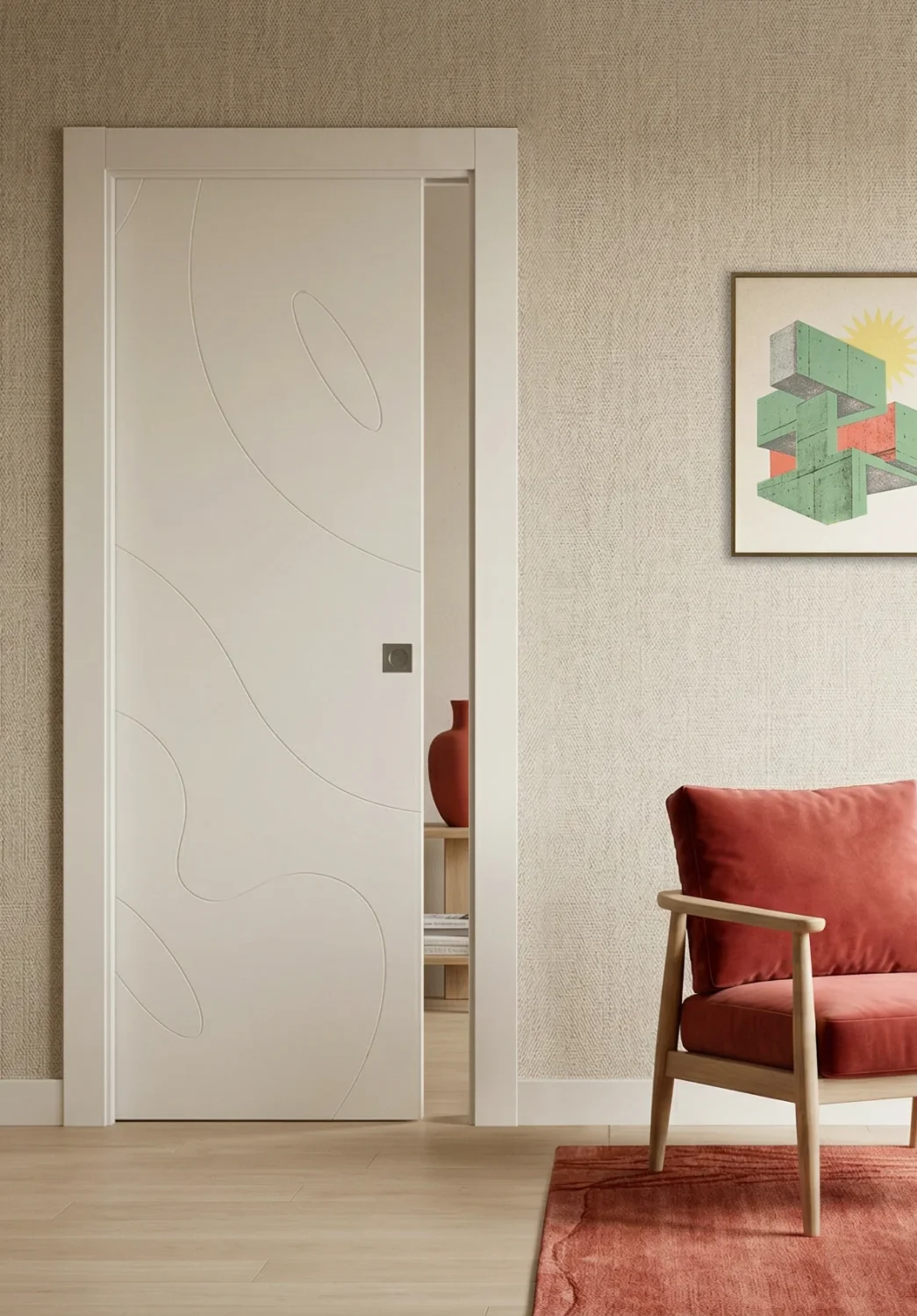 Porta interna scorrevole a scomparsa Phantos, laccato bianco opaco con decori geometrici, ideale per case moderniste e arredi colorati.