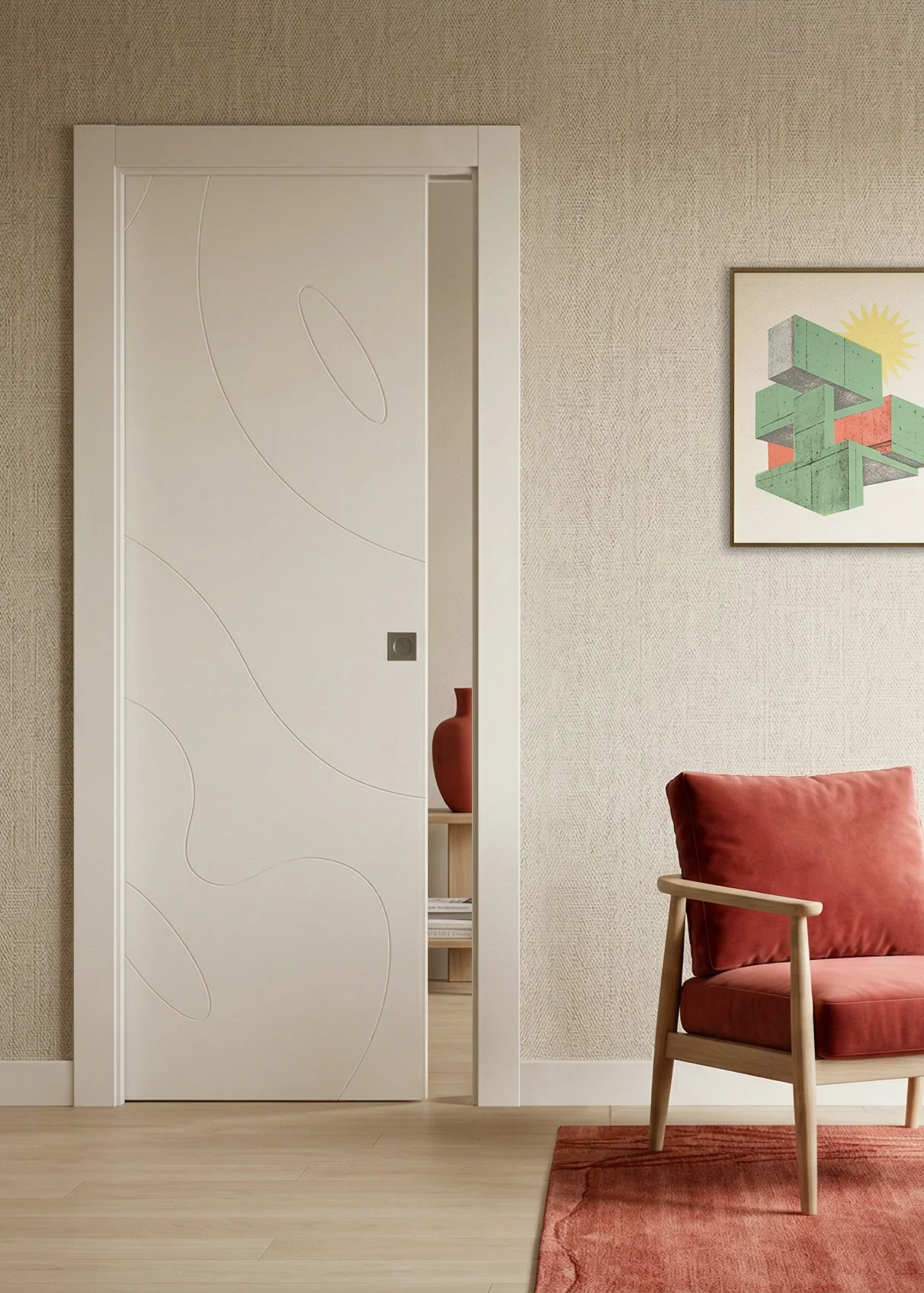 Collezione: Phantos, Modello: 80I Scorrevole interno muro, Disegno: 786, Finitura: Laccato NCS S0500-N, Maniglia: Kit cieco quadro Cromo satinato Porta interna scorrevole a scomparsa Phantos, laccato bianco opaco con decori geometrici, ideale per case moderniste e arredi colorati.
