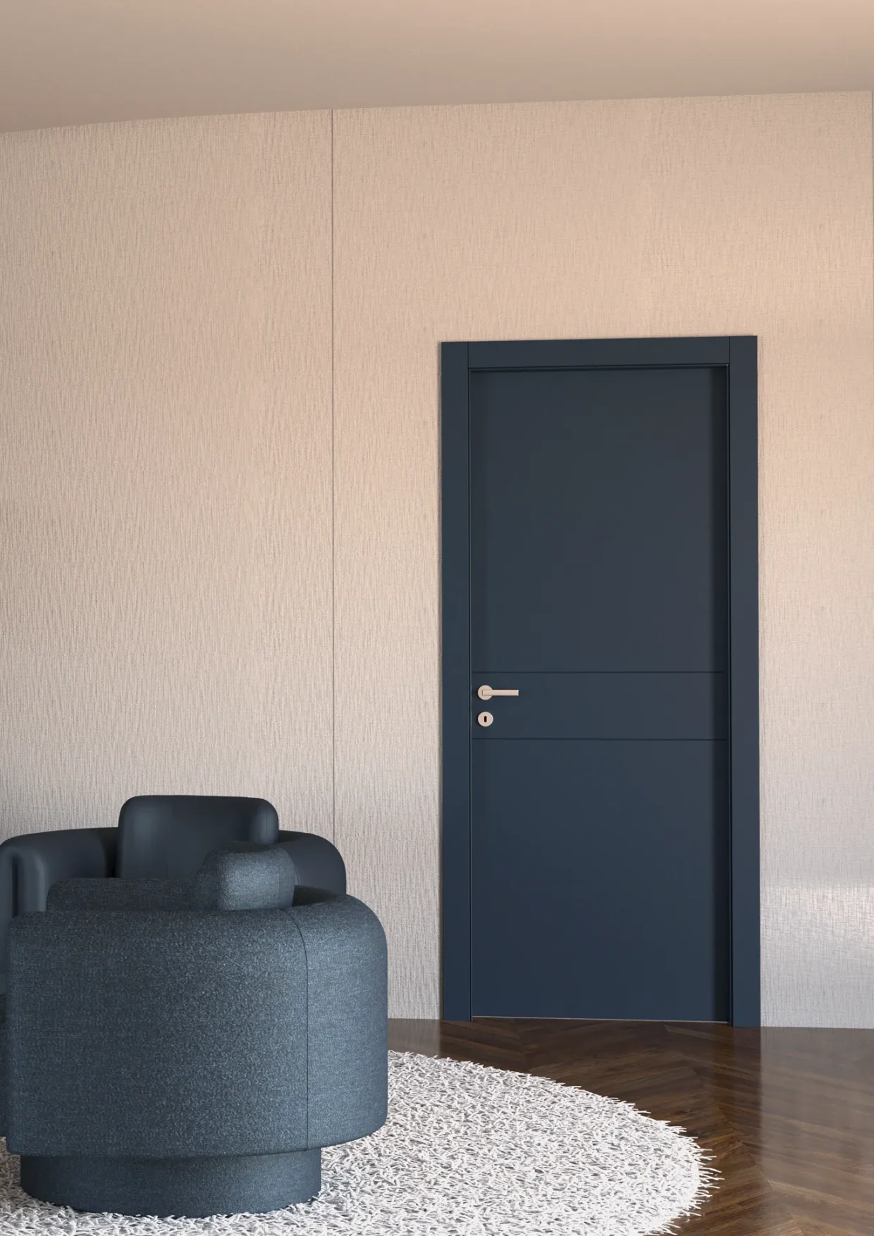 Porta battente Phantos laccata blu, ambientata all'ingresso di uno studio formale ed essenziale