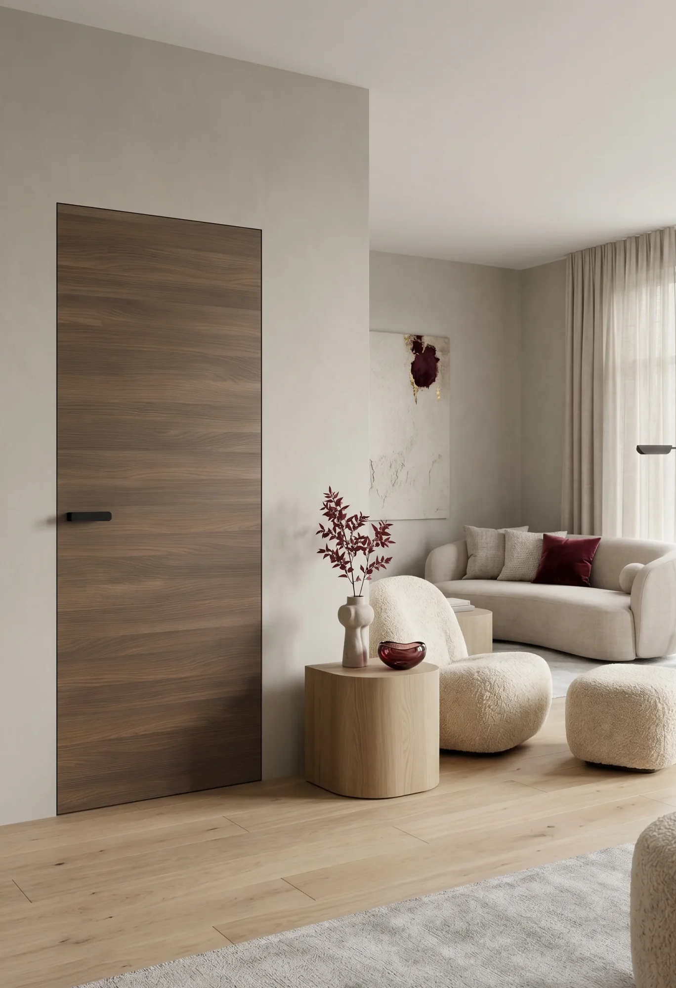 Collezione: Raso Muro, Modello: Raso Muro 60, Finitura: Tabacco, Maniglia: Pluris Nero Porta Raso Muro con finitura laminata ambientata in una zona giorno con cromie neutre