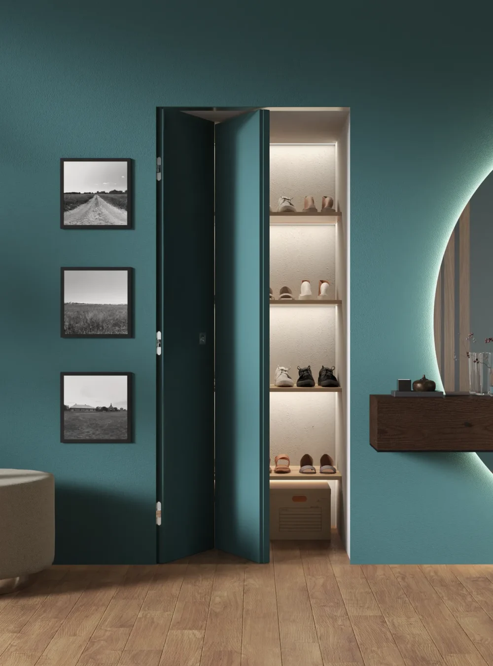 Porta pieghevole Raso Muro azzurra laccata, simmetrica, integrata a filo con la parete dello stesso colore: soluzione salvaspazio per ingresso che nasconde una scarpiera