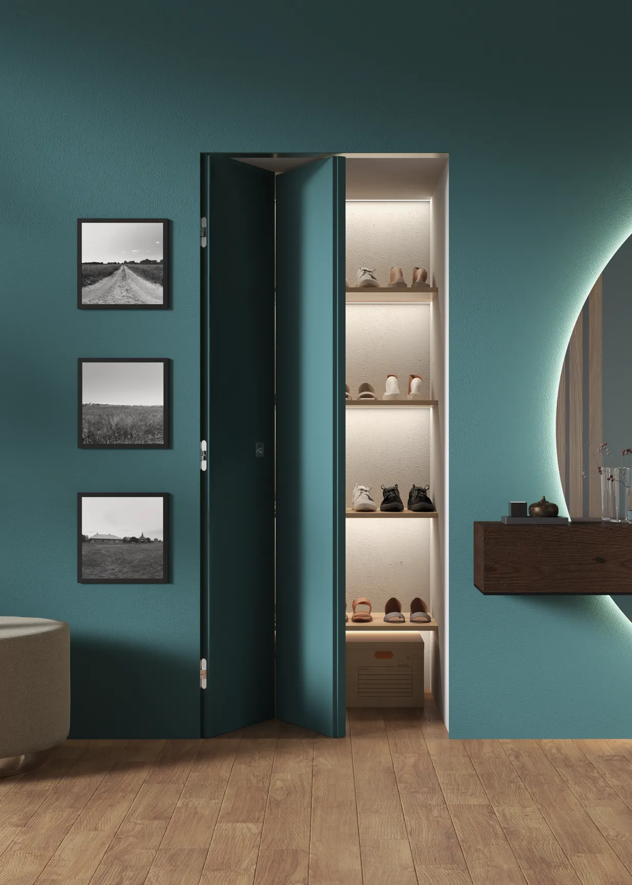 Porta pieghevole Raso Muro azzurra laccata, simmetrica, integrata a filo con la parete dello stesso colore: soluzione salvaspazio per ingresso che nasconde una scarpiera