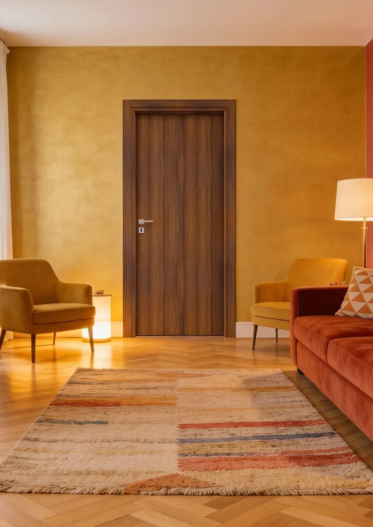 Collezione: Tech, Modello: 60L, Finitura: Noce Nazionale, Maniglia: Brera Cromo lucido Porta battente collezione Tech in laminato Noce Nazionale, ambiente moderno dai toni caldi
