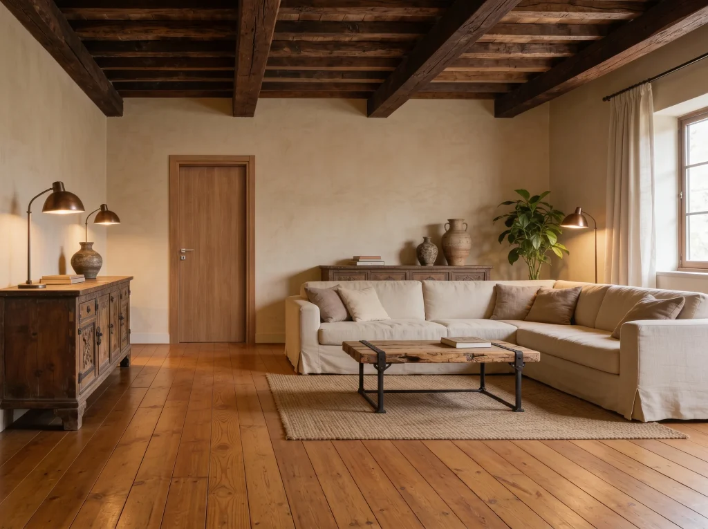 Porta battente della collezione Tech in finitura laminata Noce Biondo inserita all'interno di un salotto con arredamento in legno e piante