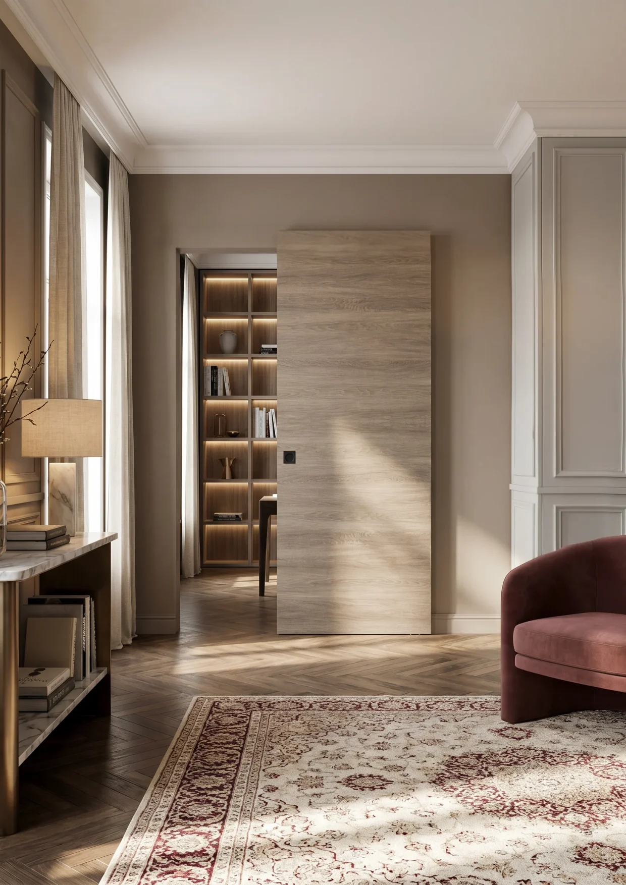 Collezione: Zero, Modello: Scorrevole esterno muro Magic, Finitura: Rovere Alsazia, Maniglia: Kit cieco quadro Nero Porta della collezione Zero modello scorrevole esterno muro con anta che scorre senza il binario a vista, inserita all'interno di una stanza storica e raffinata. La porta divide il salone dallo studio