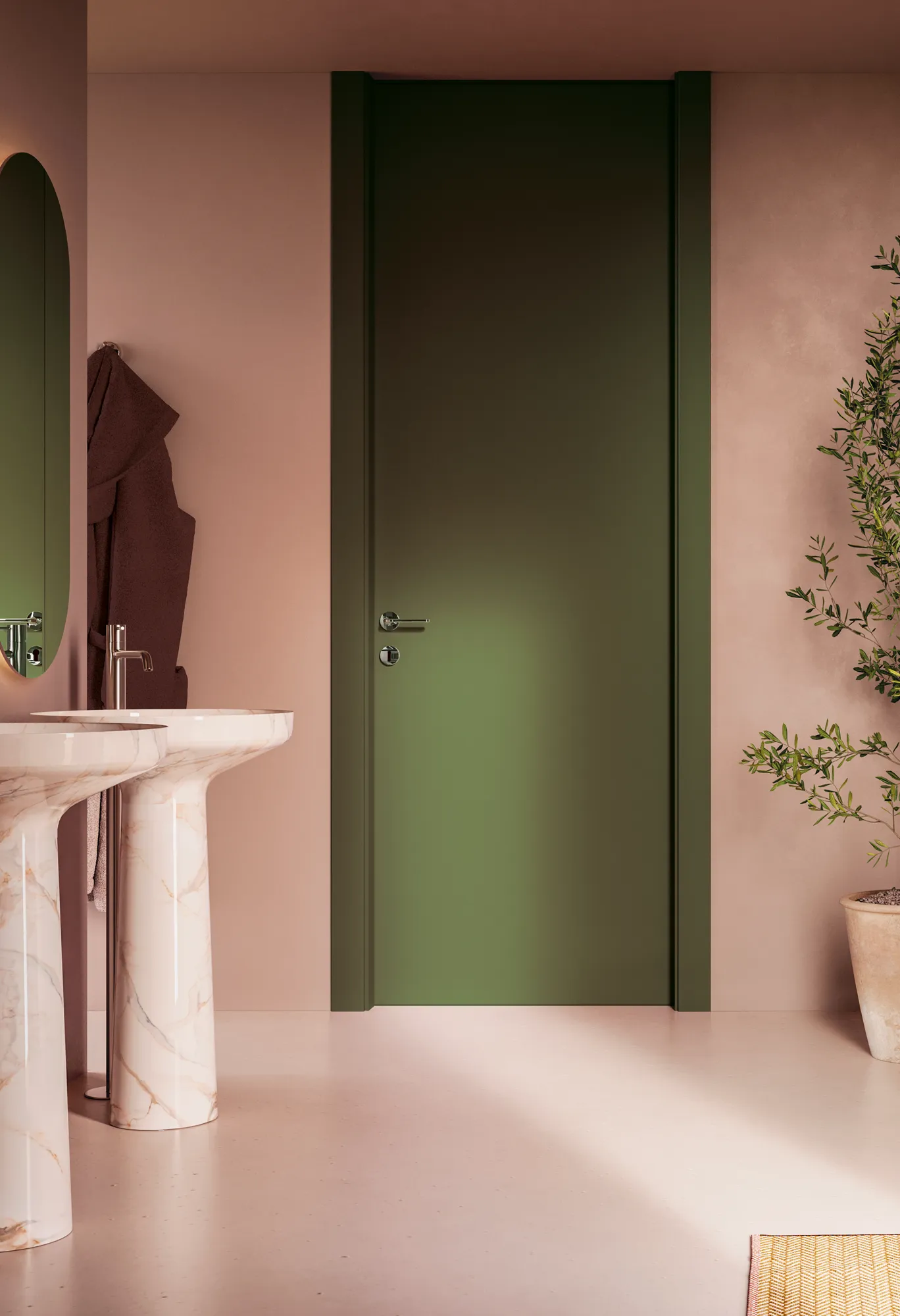 Porta laccata verde senza traverso h240 cm collezione Zero Phantos in bagno rosa con vasca e lavandini in marmo rosa