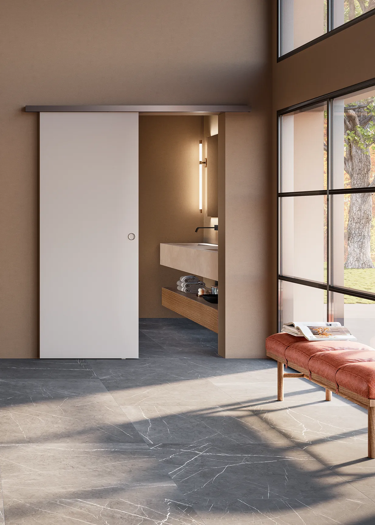 Porta scorrevole esterno muro Slim collezione Zero Phantos, laccato bianco, in camera da letto contemporanea con ampie vetrate, divide camera e bagno.