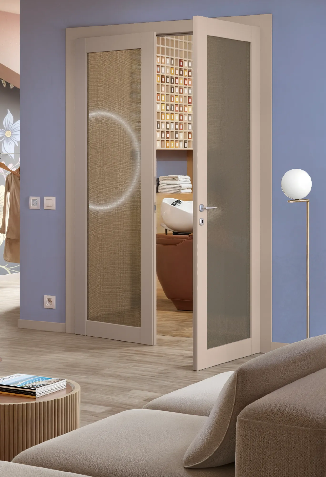 Porte Zero Phantos laccato Canapa, a due ante con vetro, salone parrucchiera toni neutri