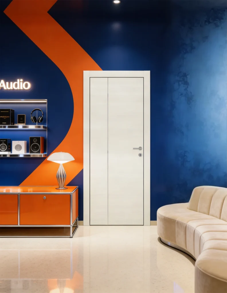 Porta della collezione Zero pieghevole asimmetrica nel colore bianco inserita all'interno di un negozio di articoli per impianti audio